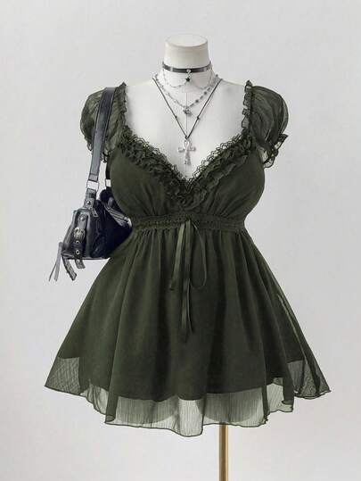 Sweetra 大码优雅纯色蕾丝边衬衫，夏季