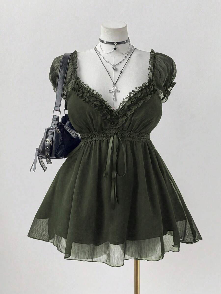 Sunspun Plus Size Elegant Solid Color Lace Trim Blouse, Summer - Dark Green - View 1