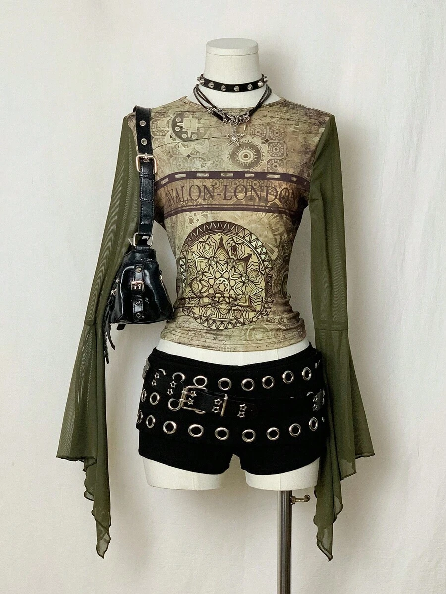 EgrlEra 女式图案印花网眼面料金属环性感复古T恤 - 綠色 - 查看 1