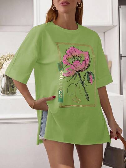 EURMUSE Women's Summer Letter & Floral Print Round Neck Loose Casual T-Shirt