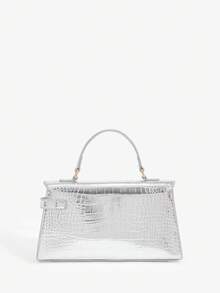 SHEIN BAE 时尚高端金属鳄鱼压纹迷你手提包 - 銀色 - 查看 4