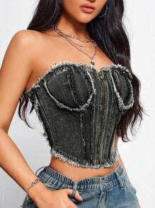 SHEIN EZwear Women's Patchwork Frayed Zipper Design Cropped Denim Top - Grey - View 2