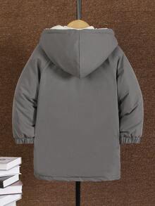 1 szt. chłopięca kurtka polarowa z kapturem w kolorze szarym i beżowym, z ozdobną kieszenią z przodu, prosta i modna, odpowiednia dla chłopców w wieku 4-7 lat, do codziennego noszenia