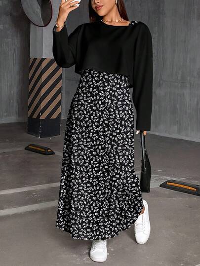 SHEIN Essnce 2 件套大码女式花卉印花圆领长袖 T 恤和细肩带连衣裙，休闲度假装，秋冬