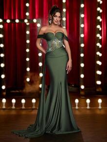 Glamrae 优雅、浪漫、端庄、奢华、绿色、亮片拼布、针织弹力面料、鱼尾下摆、拖尾、时尚、节日、度假、生日派对、婚礼活动、正式晚礼服（豪华版） - 橄欖綠 - 查看 9