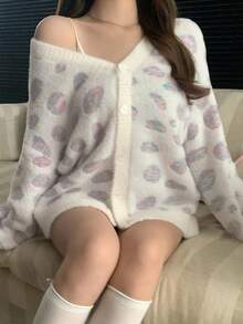 DAZY 女士宽松休闲拼色动物印花和波尔卡圆点图案针织开衫，秋冬时尚 - 白色 - 查看 6