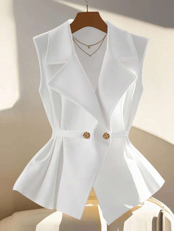 GlowEve Women Metal Button Design Lapel Neck Sleeveless Blouse
