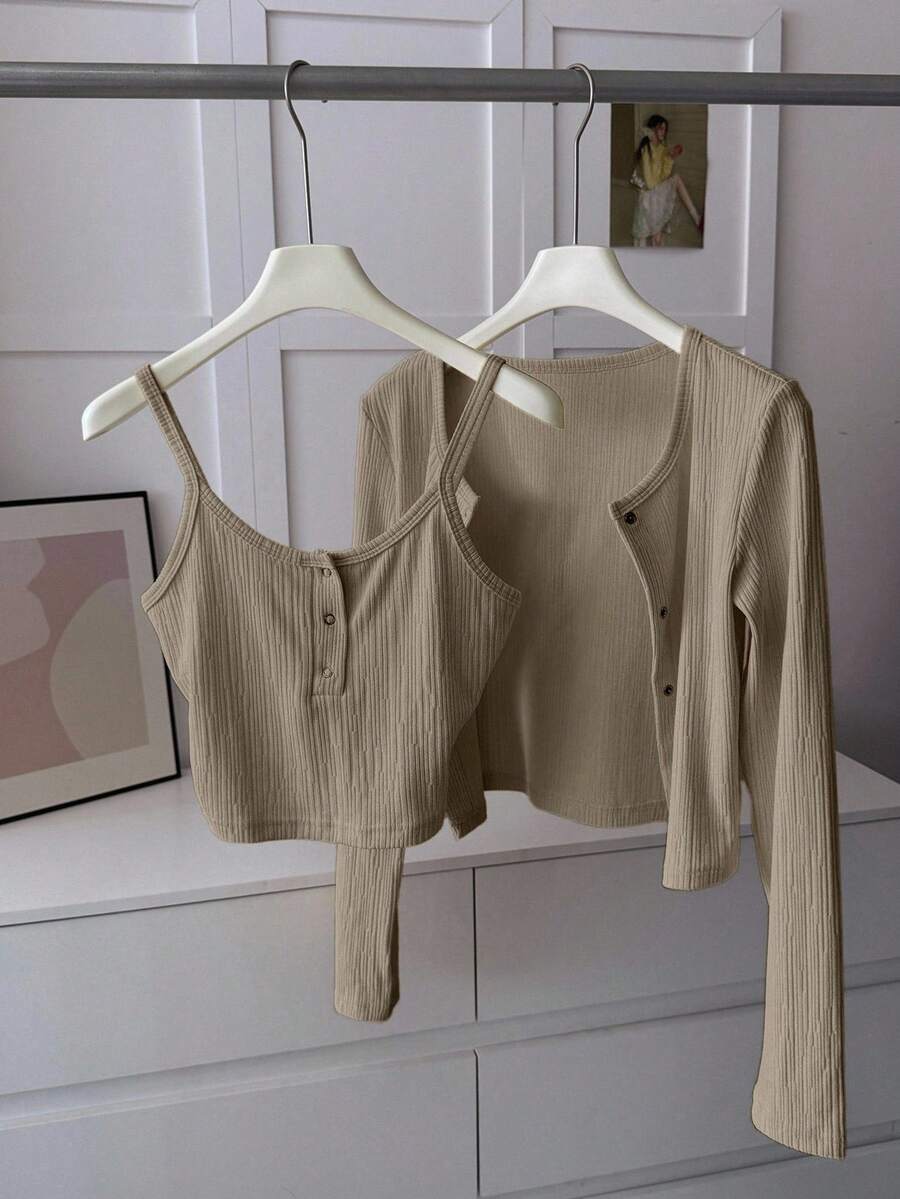 DAZY 2pcs Women Casual Loose Fit Camisole & Short Cardigan Set, Brown, Suitable For Spring, Summer, Autumn Long Sleeve Top