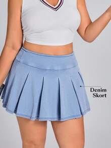 SHEIN Essnce Plus Size Women's Spring/Summer Knitted Denim Pleated Skirt With Shorts - Light Wash - View 8