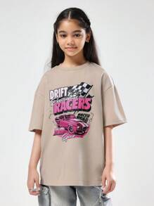 SUMWON Oversized Drift Racers Cotton T-Shirt For Car Graphic Print Racing Checkered Flag Pink Design Vintage Street Style Casual Summer Tween Teen Daily Wear - Pink - View 1