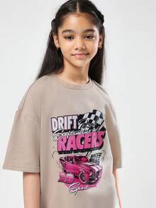 SUMWON Oversized Drift Racers Cotton T-Shirt For Car Graphic Print Racing Checkered Flag Pink Design Vintage Street Style Casual Summer Tween Teen Daily Wear - Pink - View 3