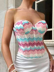 Glamine Sexy Jacquard Knit Patchwork Contrast Color Ruffle Trim Underwire Bustier Top For Women