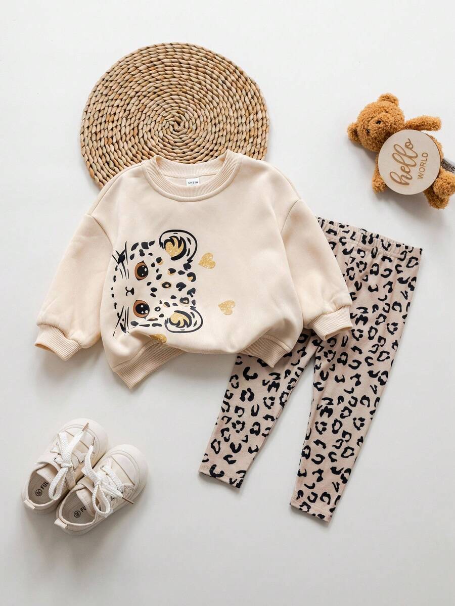 新生女婴可爱休闲卡通图案保暖长袖运动衫和裤子套装 - 卡其色 - 查看 1