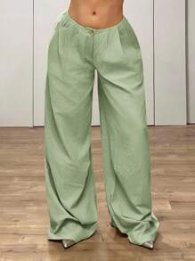 SHEIN ICON 超低腰复古宽松喇叭加长裤 - 綠色 - 查看 1
