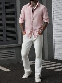 Manfinity Homme Men's Casual Formal Linen Long Sleeve Shirt Men Linen Shirt Men Summer Shirt Men Fashion Shirt Men Dress Shirt Pink Linen Shirt,Fall - Pink - View 4