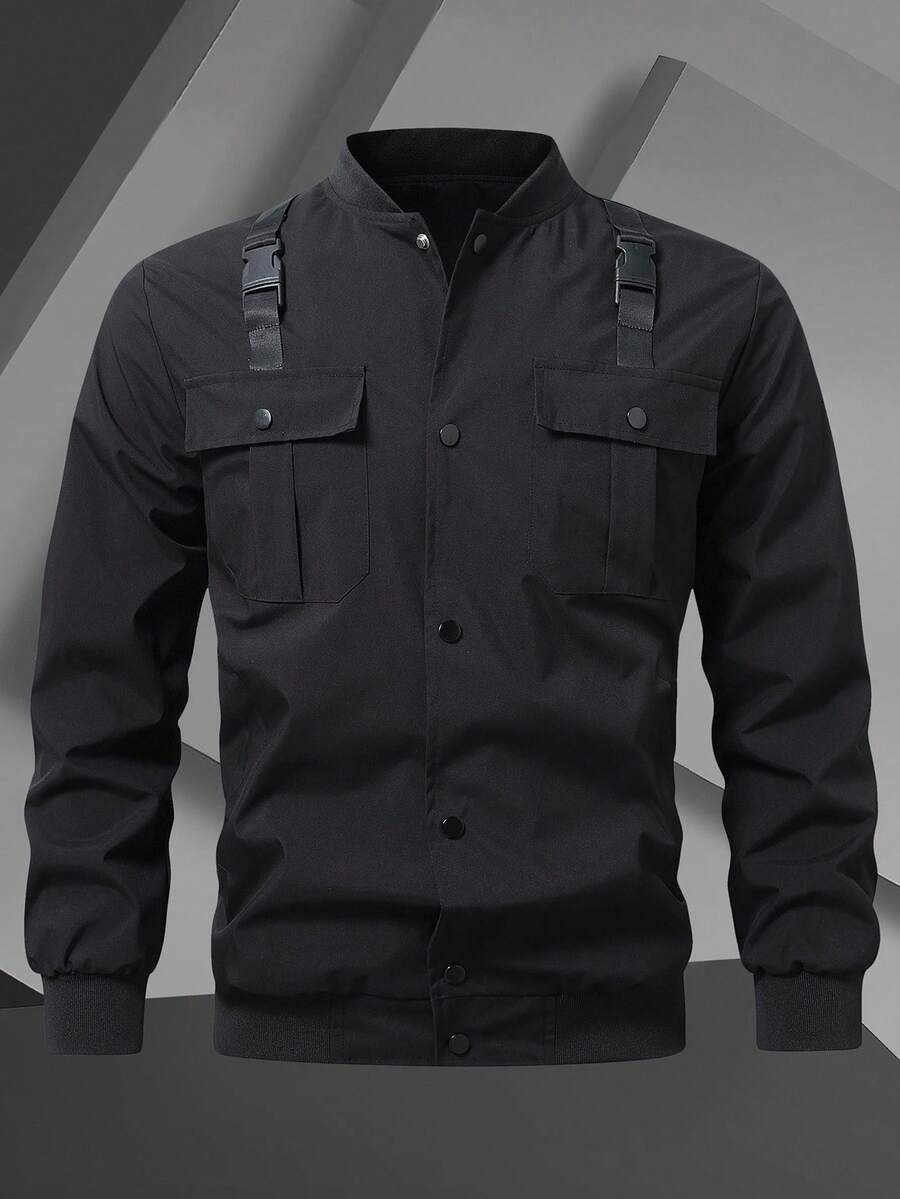 Manfinity Homme Áo khoác bóng chày tay dài màu trơn có túi tiện dụng cho nam, áo gió dã ngoại thường ngày, áo khoác bóng chày màu đen, áo khoác dạo phố, áo khoác Teachwear, mùa thu - màu đen - Xem 1