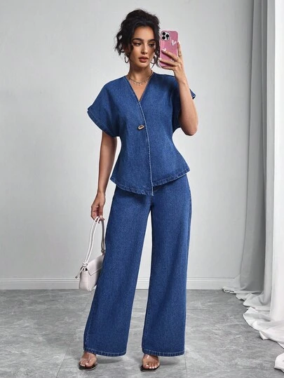 Elenzga 女式金属单扣 V 领蝙蝠袖短袖上衣和阔腿牛仔裤休闲套装