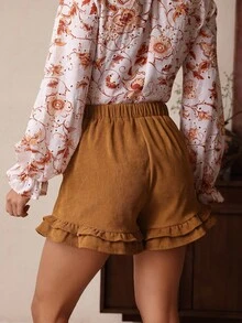 LanaWest 女式灯芯绒荷叶边口袋短裤 - 咖啡棕 - 查看 2