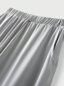 JNSQ Conjunto de manga corta y pantalones cortos para deportes al aire libre para volver al colegio, conjunto de manga corta de cuello redondo con cinta de color contrastante para deportes al aire libre para niños - Gris - Ver 7