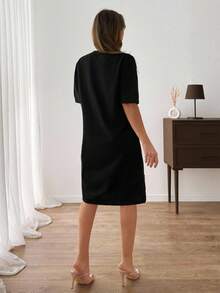 EURMUSE Vestido corto sudadera con detalles de bordado de strass para mujer - Negro - Ver 2