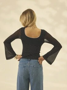 Aralina Winter / Summer Mesh Polka Dot Ruched Front Contrast Trims Cute Going Out Top - Black and White - View 2