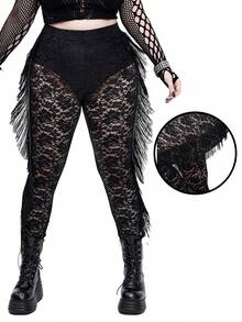 SHEIN Whyspr Goth Punk Halloween Gothic Lace And Tassels Darkwear Plus Size Leggings - Black - View 1