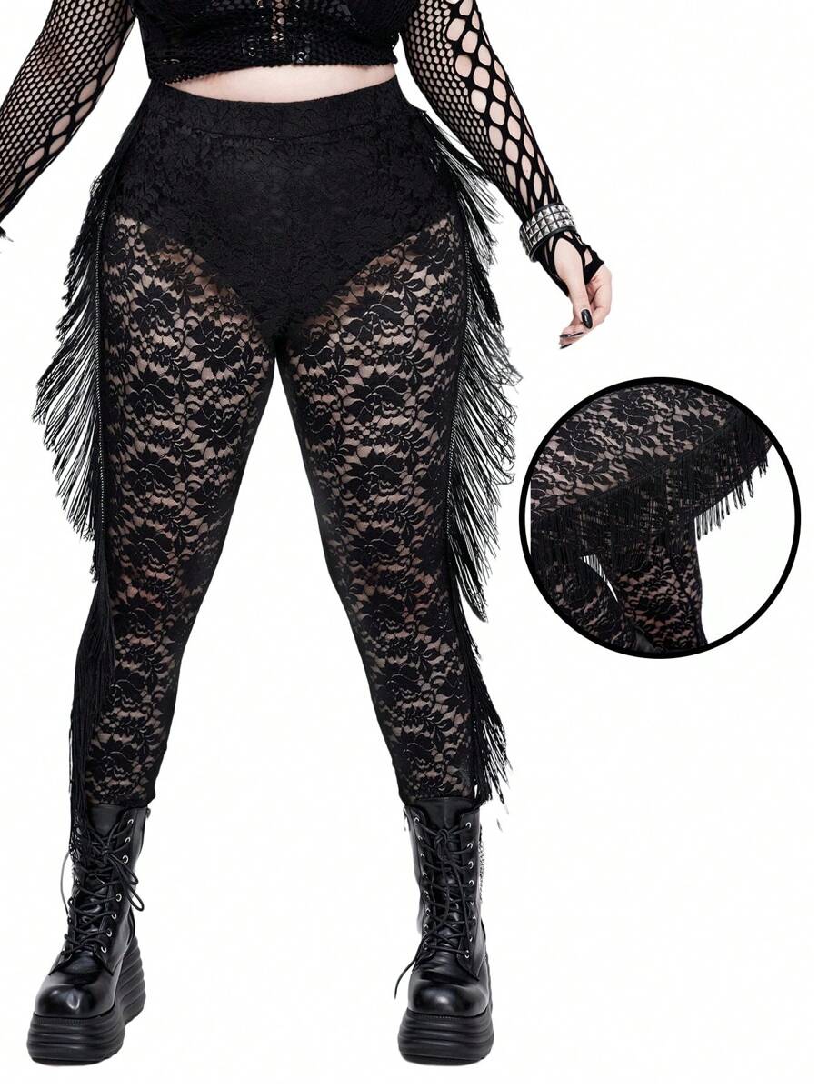 SHEIN Whyspr Goth Punk Halloween Gothic Lace And Tassels Darkwear Plus Size Leggings - Black - View 1