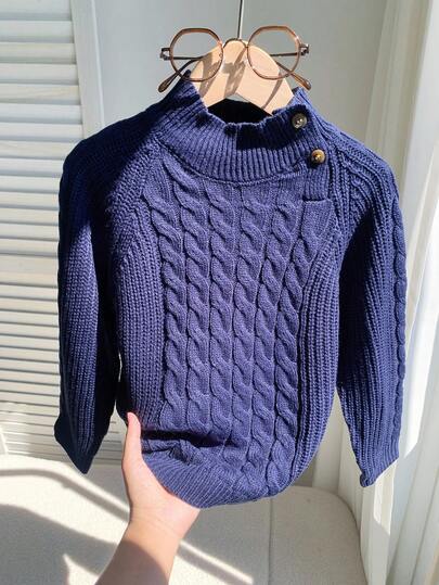 SHEIN 幼儿男童休闲宽松立领纯蓝色提花半襟纽扣设计套头长袖针织毛衣，适合秋冬季、通勤、上学、居家、休闲、街头、派对、户外