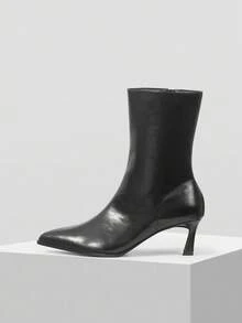 Mnmlis 全新尖头侧拉链时尚百搭细跟女式踝靴 - 黑色 - 查看 1