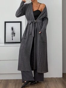 EURMUSE Women Cardigan With Rib Knit Grey Long With Belt,Cardigans,Petite,Tall - Grey - View 5