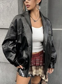 SHEIN ICON Áo khoác da PU cổ kép 2 trong 1 giản dị Áo khoác da đen Áo sơ mi da đen Áo khoác da đen cho nữ Áo sơ mi da cài nút màu đen Áo khoác da giả cho mùa thu/đông - màu đen - Xem 4