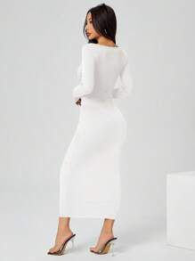 SHEIN PETITE 秋装纯色方领紧身黑色长袖连衣裙 - 白色 - 查看 2