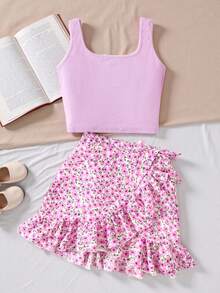 Tween Girl Matching Casual Minimalist Comfortable Round Neck Sleeveless Top And Ruffle Hem Skirt 2 Pieces Set - Mauve Purple - View 1