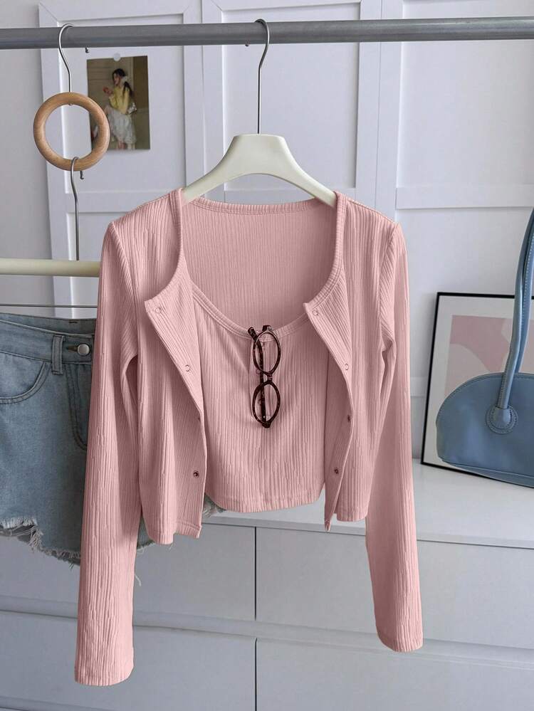 2pcs Women Cream Yellow Pastel Color Camisole & Cardigan T-Shirt Set, Suitable For Autumn & Spring Long Sleeve Top