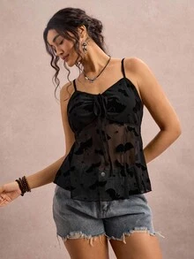 SHEIN VCAY 加大码纯色透视胸部抽绳时尚吊带背心和背心 - 黑色 - 查看 5