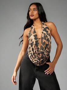 MISSGUIDED Áo hai dây cổ yếm họa tiết da báo đính đá lấp lánh, thích hợp cho tiệc tối, câu lạc bộ, lễ hội - Nhiều màu - Xem 4