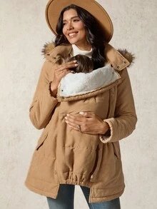 SHEIN Maternity 3-In-1 Solid Color Warm Long Sleeve Hooded Jacket Thanksgiving Fall - Brown - View 6