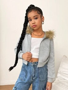 SHEIN Tween Girl Colorblock Fuzzy Decor Hooded Zip-Up Sweatshirt , Winter , Graduation Long Sleeve Top, Back To School, Faux Fur Collar Mommy And Me Matching Sets (2 Pieces Sold Separately) Grey - Grey - View 5