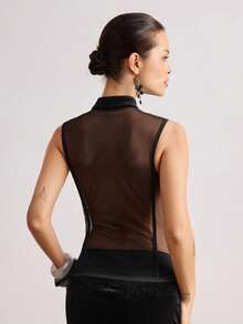 ROMWE Avant Chinese Neo-Traditional Style Beaded Embroidery Sheer Back Top For Women - Black - View 7