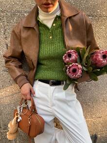 Siren Gaze Chic Brown PU Jacket For Women, 2025 New Fall Winter Clothes, Old Money Style Loose Fit Zip - Up With Patch Pockets, Elegant Casual Wear For Party/Commuting/Street Outfits, Must - Have Winter Jackets