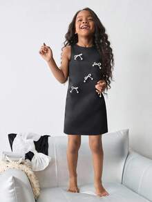 Maija Kids Maija Kids Young Girl Round Neck Pearl Bow Decor Dress Pearl Dress Young Girls Bow Dress Young Girls Dress - Black - View 5
