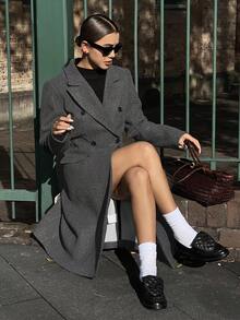 DAZY 女士休闲翻领长袖双排扣大衣，秋冬 - 深灰色 - 查看 8