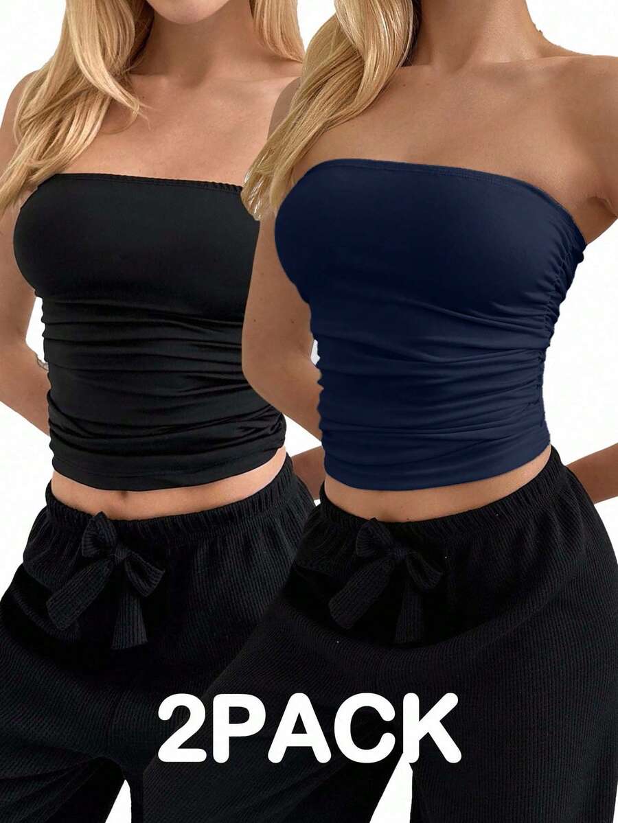 EURMUSE 2pcs Women's Minimalist Solid Color Ruched Fitted Tube Top, Summer - Multicolor - View 1