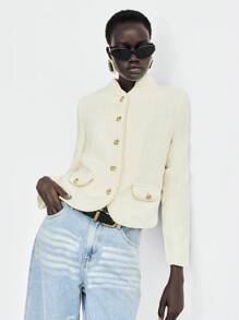 Lumivelle 女式长袖优雅粗花呢面料夹克，配有金属纽扣和缎带饰边 - 白色 - 查看 6