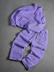 Manfinity EMRG 男士纯色拉链半襟长袖口袋运动衫和裤子休闲套装，秋季，紫色两件套男士，男士紫色套装紫色夏尔巴运动服，紫色羊毛运动服，舒适服装 - 紫色 - 查看 5