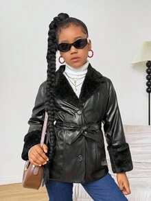 SHEIN Tween Girl Solid Color Long Sleeve Casual Oversized Collar PU Patchwork Fleece Drawstring Waist Jacket Coat (2 Piece Set Sold Separately), Autumn/Winter Outerwear, PU Jacket Coat Mommy And Me Matching Outfits - Black - View 7