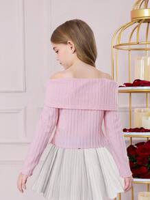 SHEIN Girlism 少女罗纹露肩褶饰蝴蝶结装饰不对称下摆长袖修身甜美 T 恤，粉色，适合派对、返校、优雅法式、公主、婚礼、生日