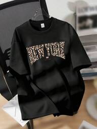 Attitoon Tricou de damă cu mânecă scurtă, cu gât rotund, cu imprimeu leopard, de epocă