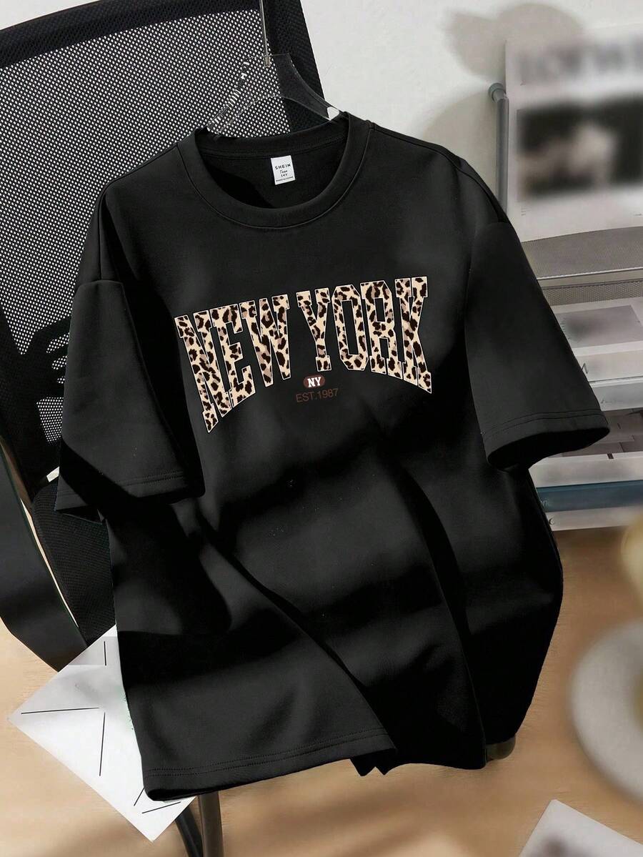 Attitoon 复古纽约豹纹图案圆领宽松短袖女式 T 恤