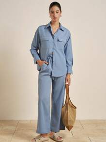 Airaco Bộ đồ 2 món đơn sắc tay dài, túi hộp một hàng khuy dành cho nữ - Màu xanh lam - Xem 3